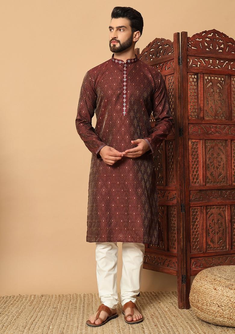 Maroon Embroidered Jacquard kurta Set For Men - Indya
