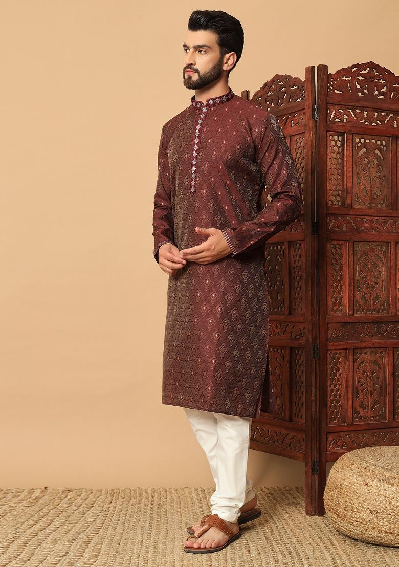 Maroon Embroidered Jacquard kurta Set For Men - Indya