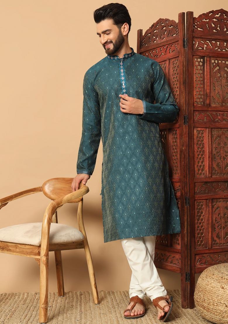 Multicolor Embroidered Jacquard kurta Set For Men - Indya
