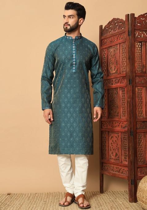 Multicolor Embroidered Jacquard kurta Set For Men