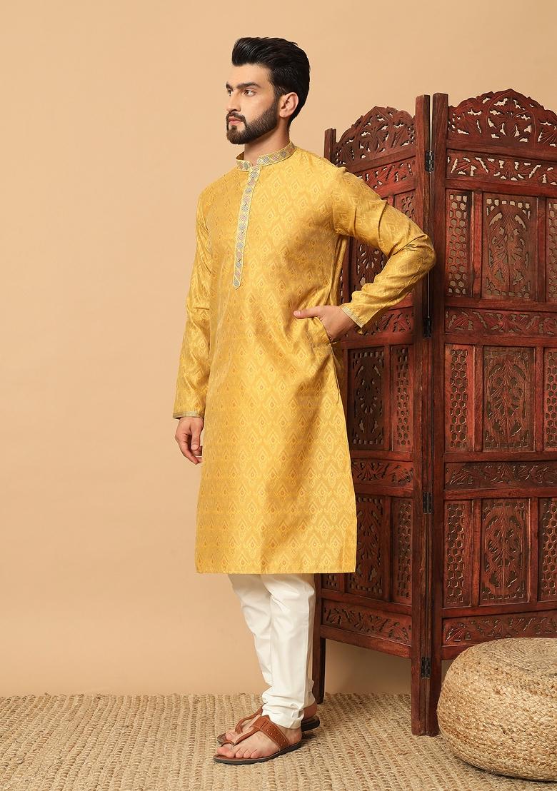 Yellow Embroidered Jacquard kurta Set For Men - Indya