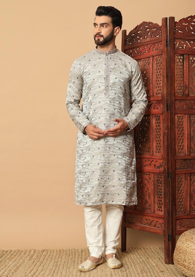 Grey Embroidered Jacquard kurta Set For Men - Indya