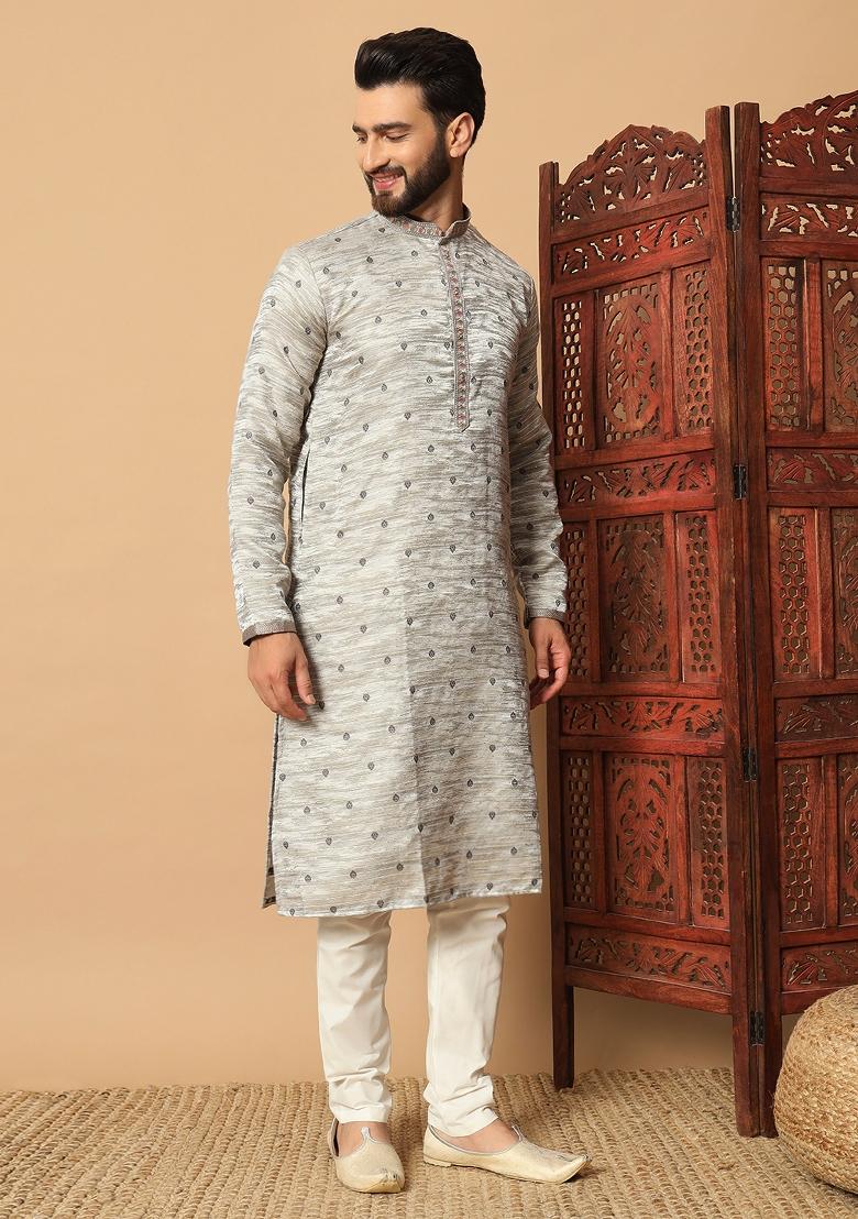 Grey Embroidered Jacquard kurta Set For Men - Indya