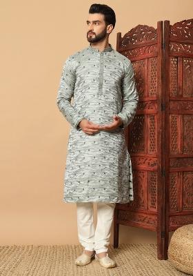 Green Embroidered Jacquard kurta Set For Men