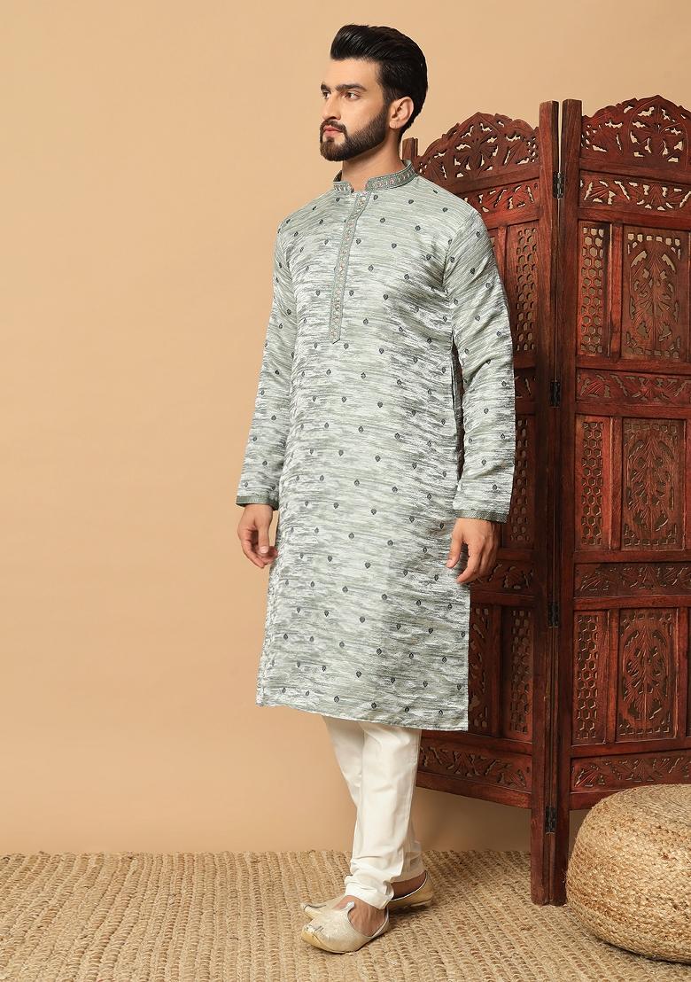 Green Embroidered Jacquard kurta Set For Men - Indya