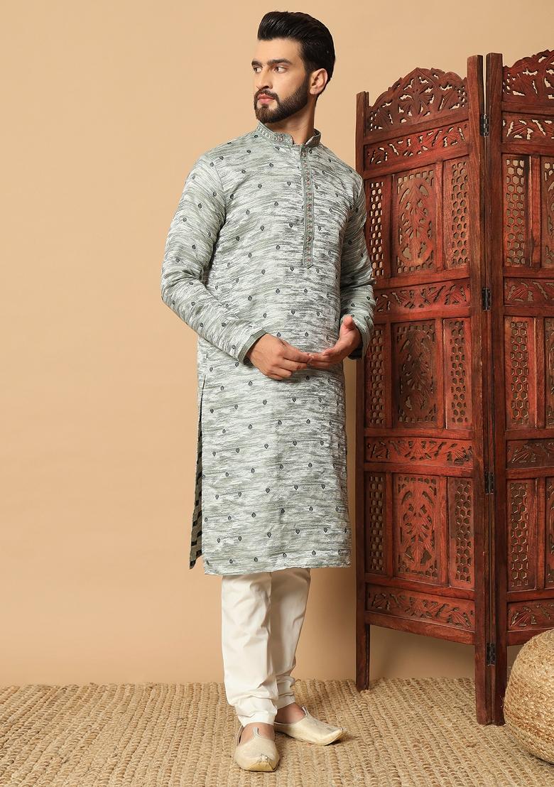 Green Embroidered Jacquard kurta Set For Men - Indya