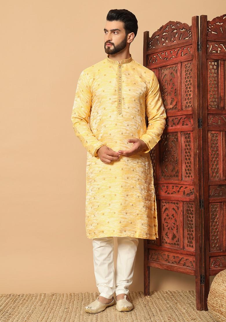 Yellow Embroidered Jacquard kurta Set For Men - Indya