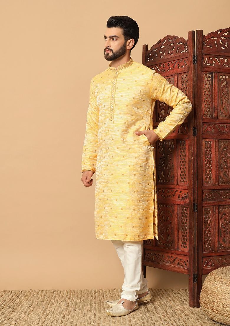 Yellow Embroidered Jacquard kurta Set For Men - Indya