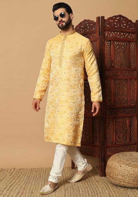 Yellow Embroidered Jacquard kurta Set For Men