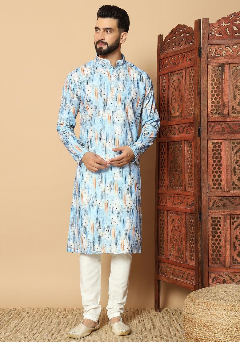 Blue Printed Cotton kurta Set For Men - Indya