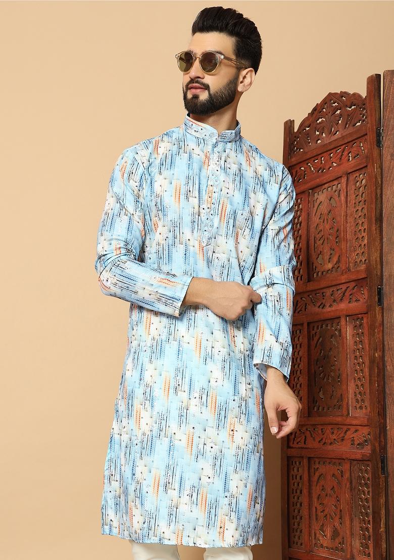 Blue Printed Cotton kurta Set For Men - Indya
