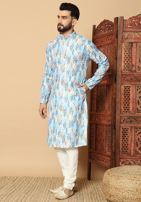 Blue Printed Cotton kurta Set For Men