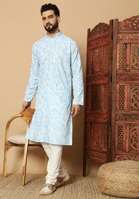 Blue Printed Cotton kurta Set For Men