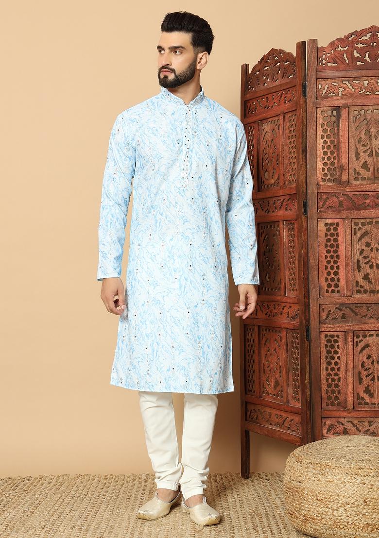 Blue Printed Cotton kurta Set For Men - Indya