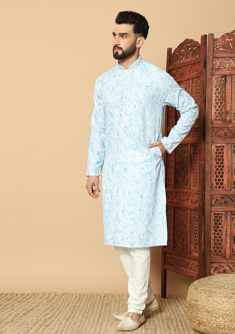 Blue Printed Cotton kurta Set For Men - Indya