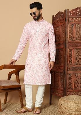 Pink Printed Cotton kurta Set For Men