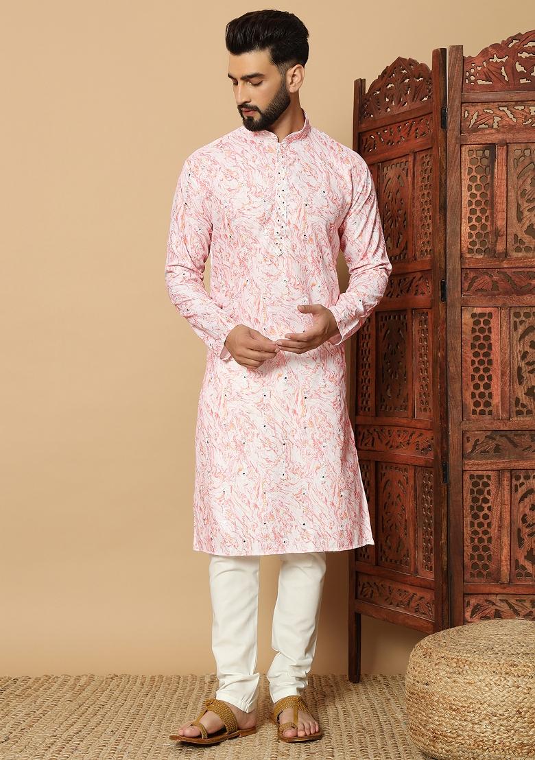 Pink Printed Cotton kurta Set For Men - Indya