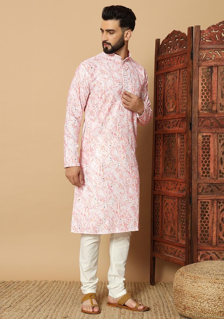 Pink Printed Cotton kurta Set For Men - Indya