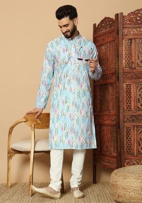 Blue Printed Cotton kurta Set For Men