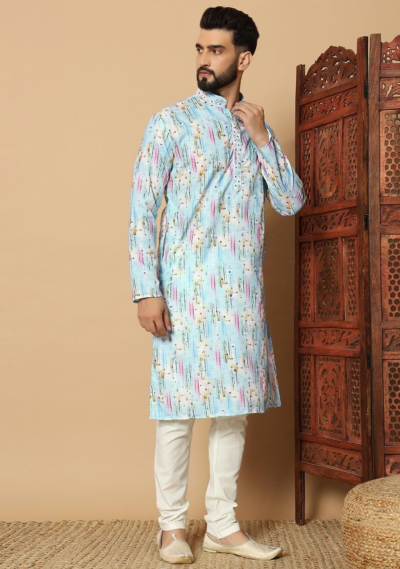 Blue Printed Cotton kurta Set For Men - Indya