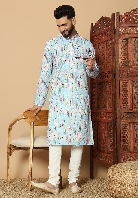 Blue Printed Cotton kurta Set For Men