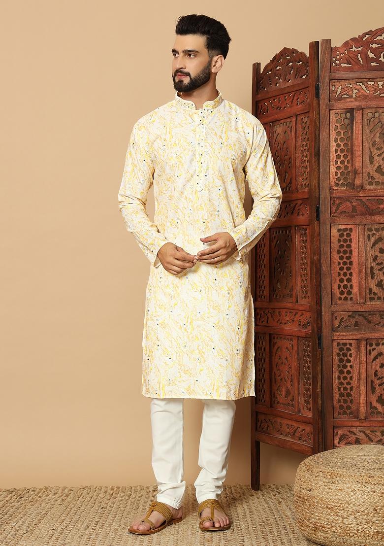 Yellow Printed Cotton kurta Set For Men - Indya