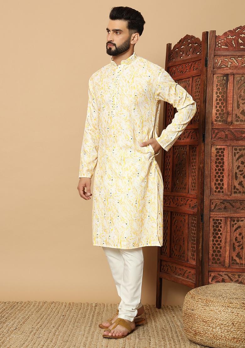 Yellow Printed Cotton kurta Set For Men - Indya
