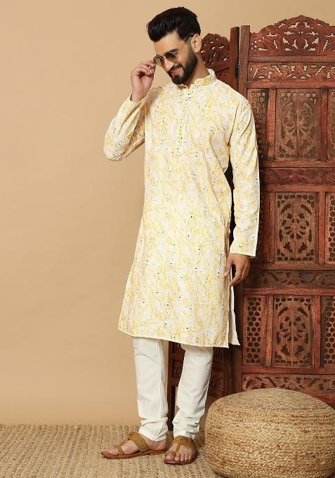 Yellow Printed Cotton kurta Set For Men