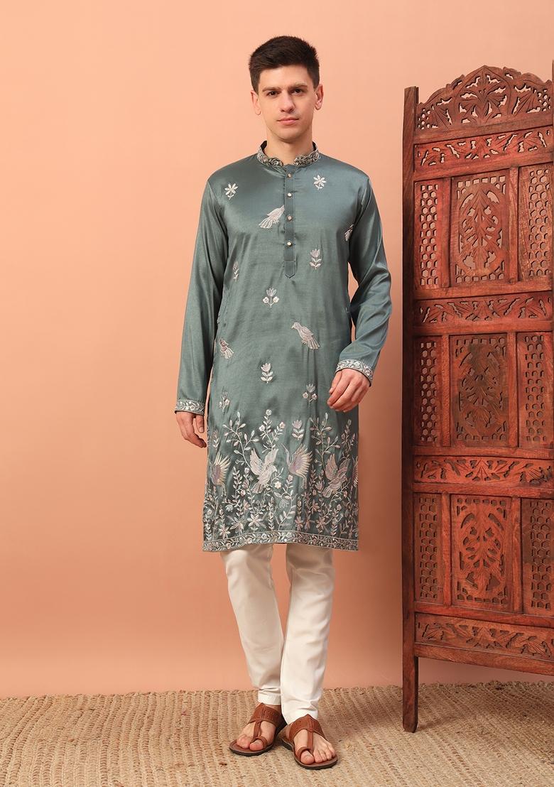 Green Embroidered Silk kurta Set For Men - Indya