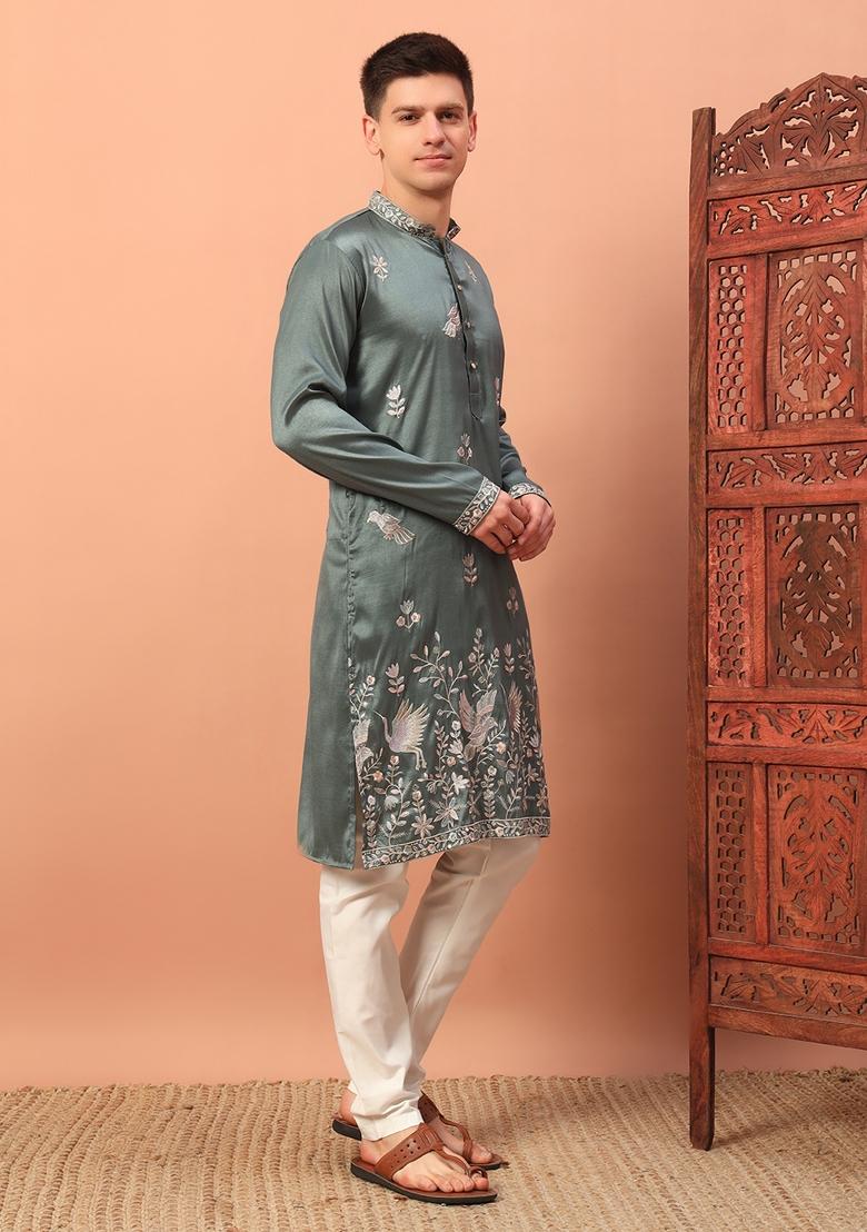 Green Embroidered Silk kurta Set For Men - Indya