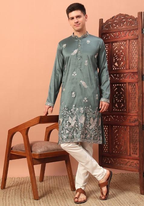 Green Embroidered Silk kurta Set For Men