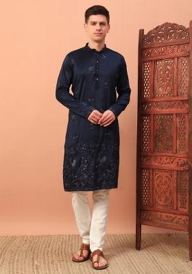 Blue Embroidered Silk kurta Set For Men