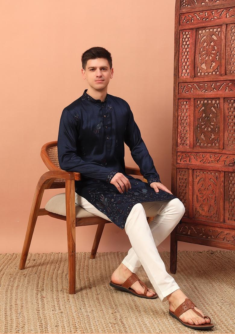 Blue Embroidered Silk kurta Set For Men - Indya