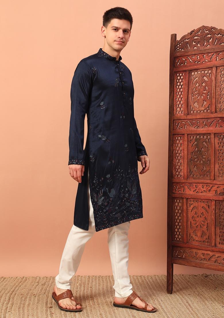 Blue Embroidered Silk kurta Set For Men - Indya