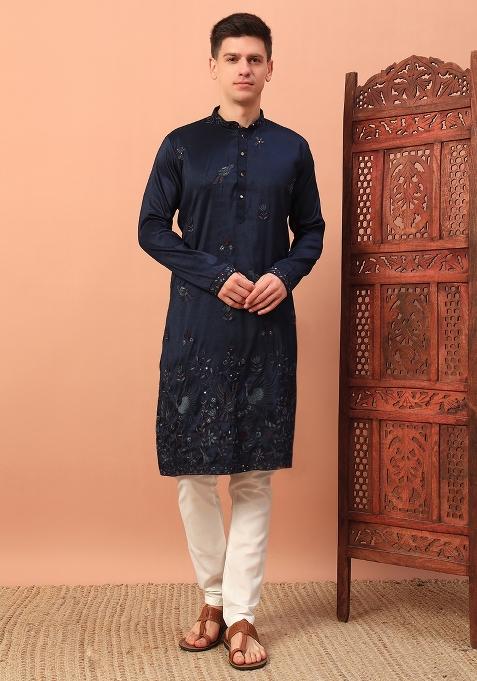 Blue Embroidered Silk kurta Set For Men