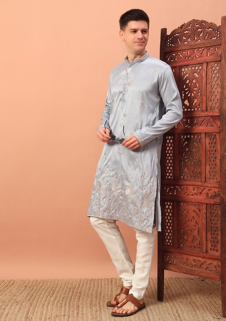 Grey Embroidered Silk kurta Set For Men - Indya