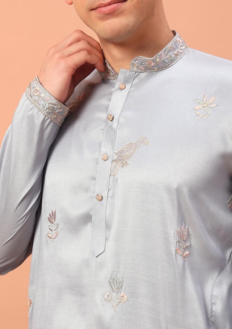 Grey Embroidered Silk kurta Set For Men - Indya