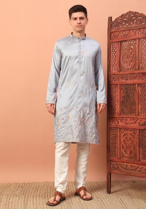 Grey Embroidered Silk kurta Set For Men