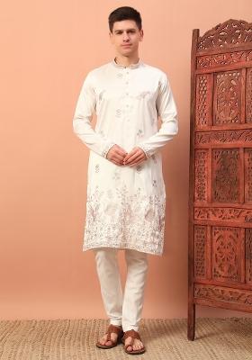 White Embroidered Silk kurta Set For Men