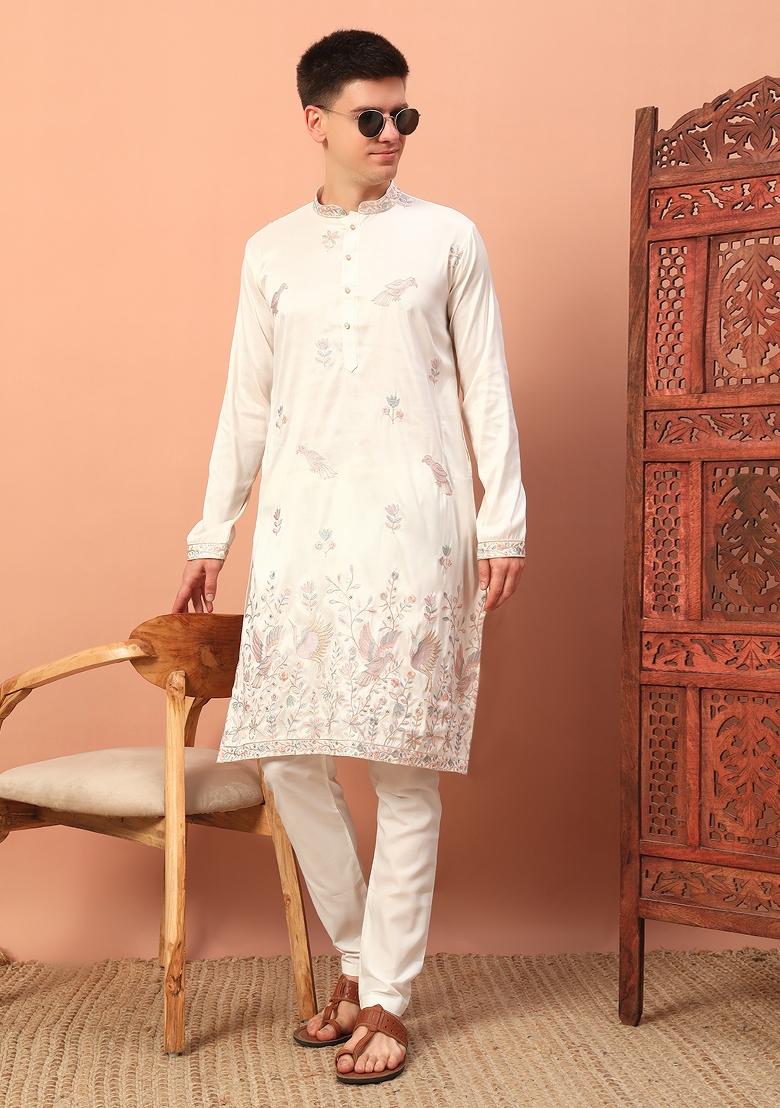White Embroidered Silk kurta Set For Men - Indya