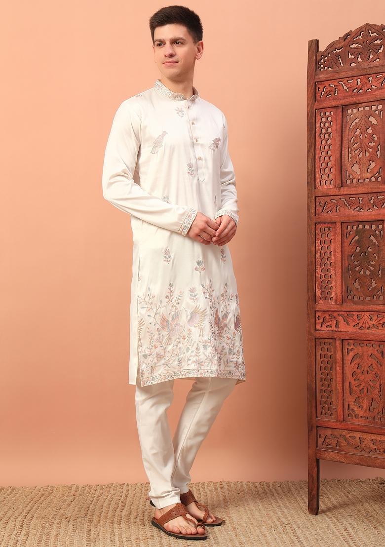 White Embroidered Silk kurta Set For Men - Indya