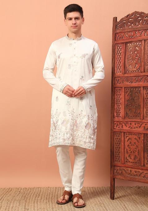 White Embroidered Silk kurta Set For Men