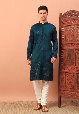 Blue Embroidered Silk kurta Set For Men