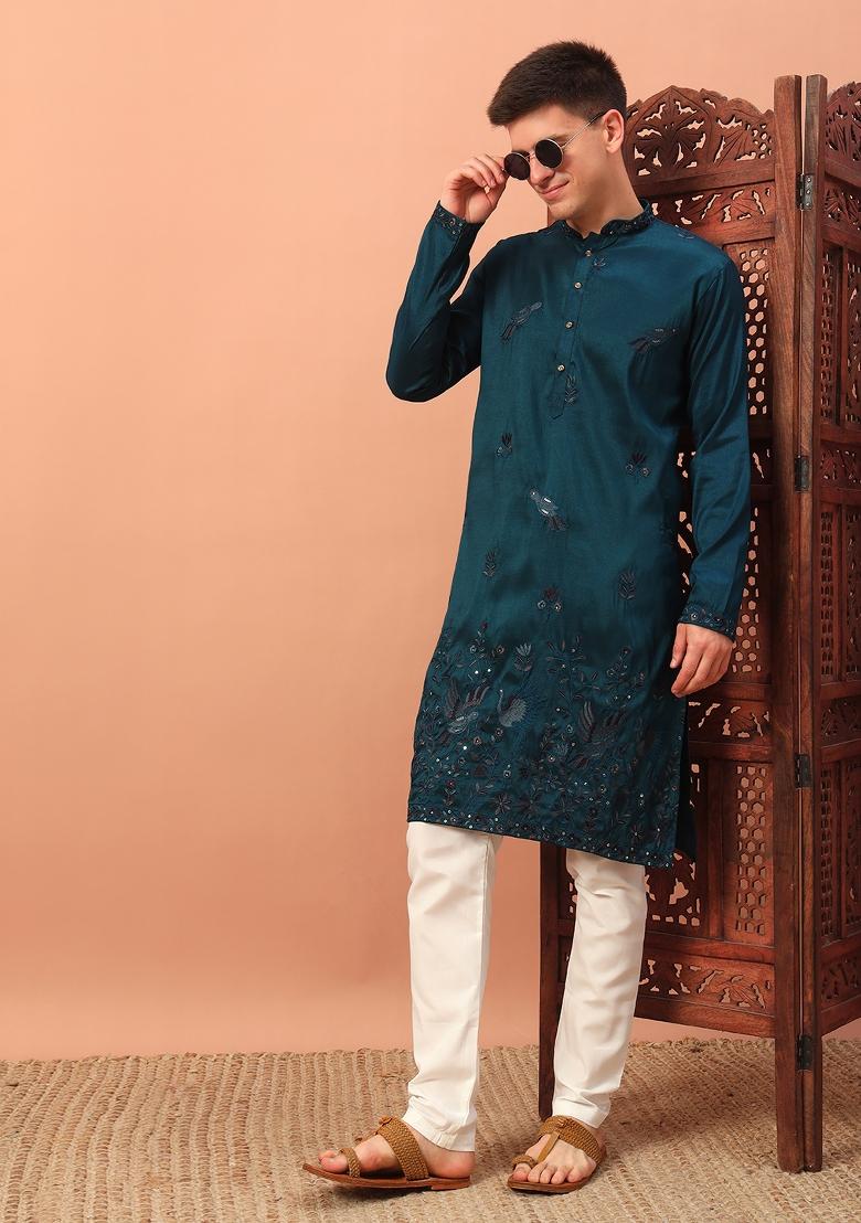 Blue Embroidered Silk kurta Set For Men - Indya