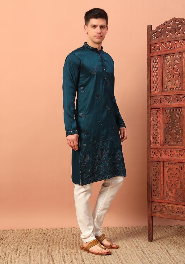 Blue Embroidered Silk kurta Set For Men - Indya