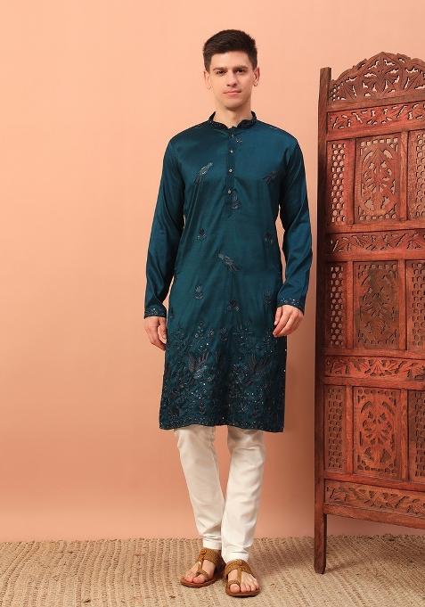 Blue Embroidered Silk kurta Set For Men