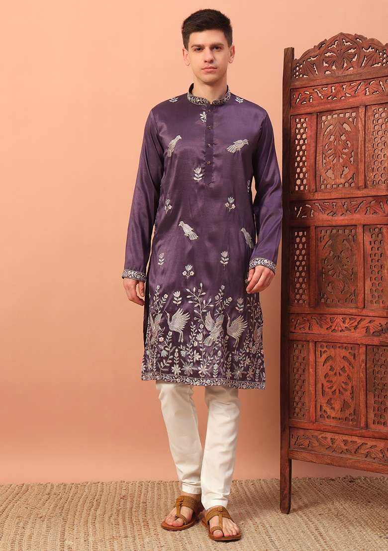 Purple Embroidered Silk kurta Set For Men - Indya