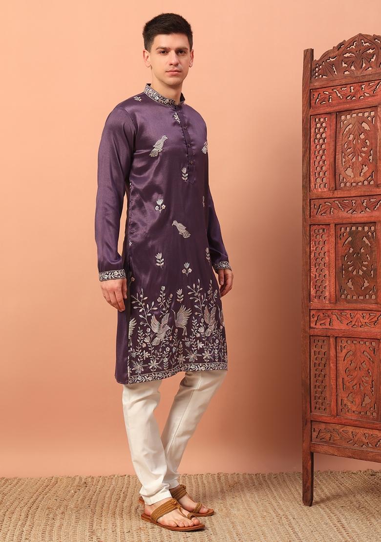 Purple Embroidered Silk kurta Set For Men - Indya