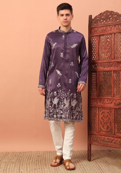 Purple Embroidered Silk kurta Set For Men