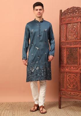 Blue Embroidered Silk kurta Set For Men